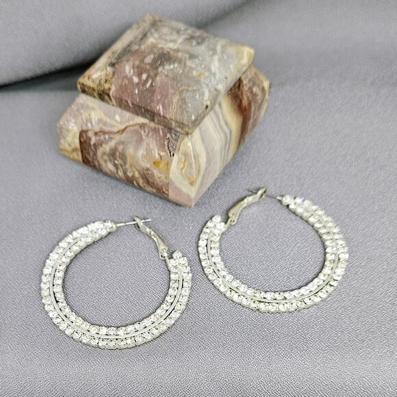 Rhinestone Hoop Earrings, Silver Plated  - 1 3/4" - Picture 5 of 6